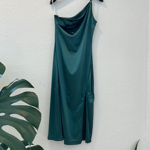Teal Off the Shoulder Slip Dress with Slit - Picture 5 of 8